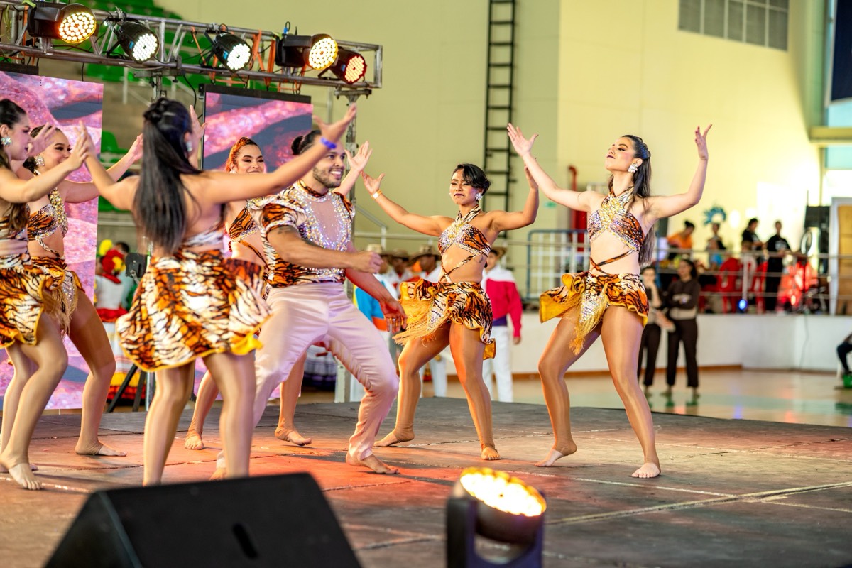 Grupo bailando salsa con trajes de tigre en escenario